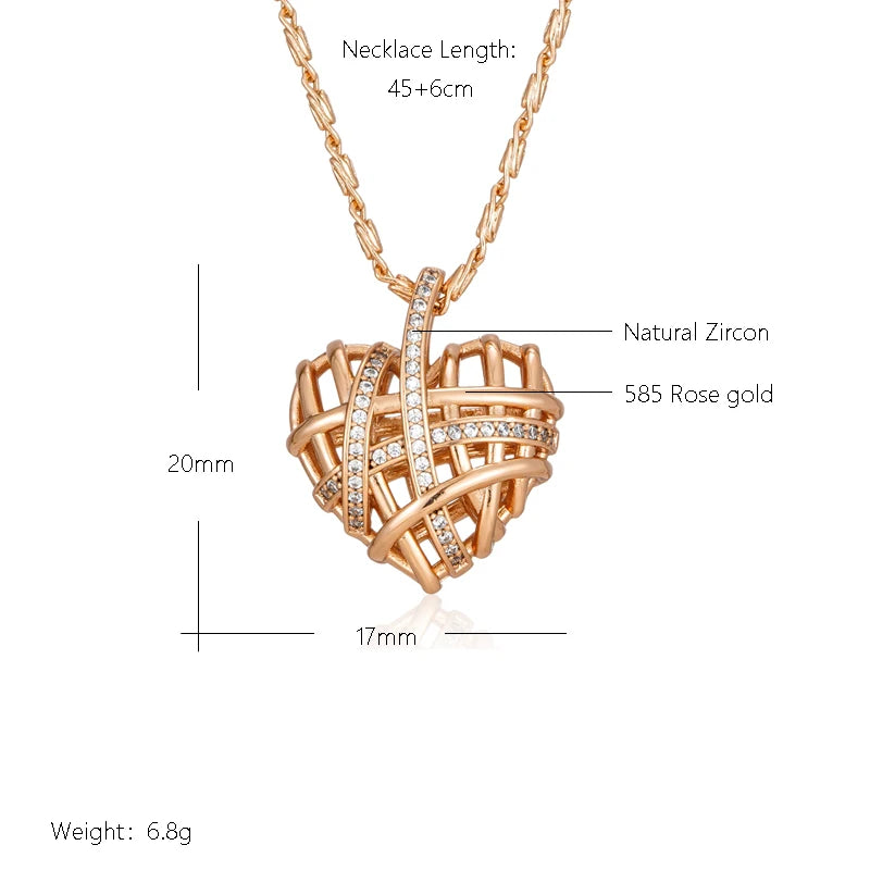 Unique Hollow Heart Pendant Necklace for Women Natural Zircon with 585 Rose Gold Color Modern Party Wedding Daily Jewelry