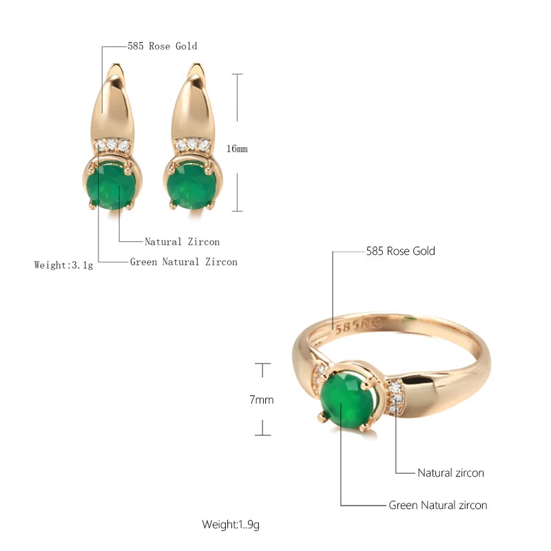New Emerald Round Cut Natural Zircon Earrings Ring Sets for Women 585 Rose Gold Clip Earring Party Fashion Jewelry Sets