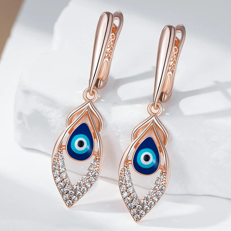Blue Enamel Drop 585 Rose Gold Earrings for Women Girl Wedding Party Natural Zircon Eardrop Jewelry