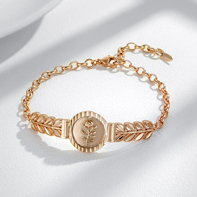 Elegance 585 Rose Gold Color Ethnic Flower Bracelet for Women Fashion Glossy Metal Fine Jewelry