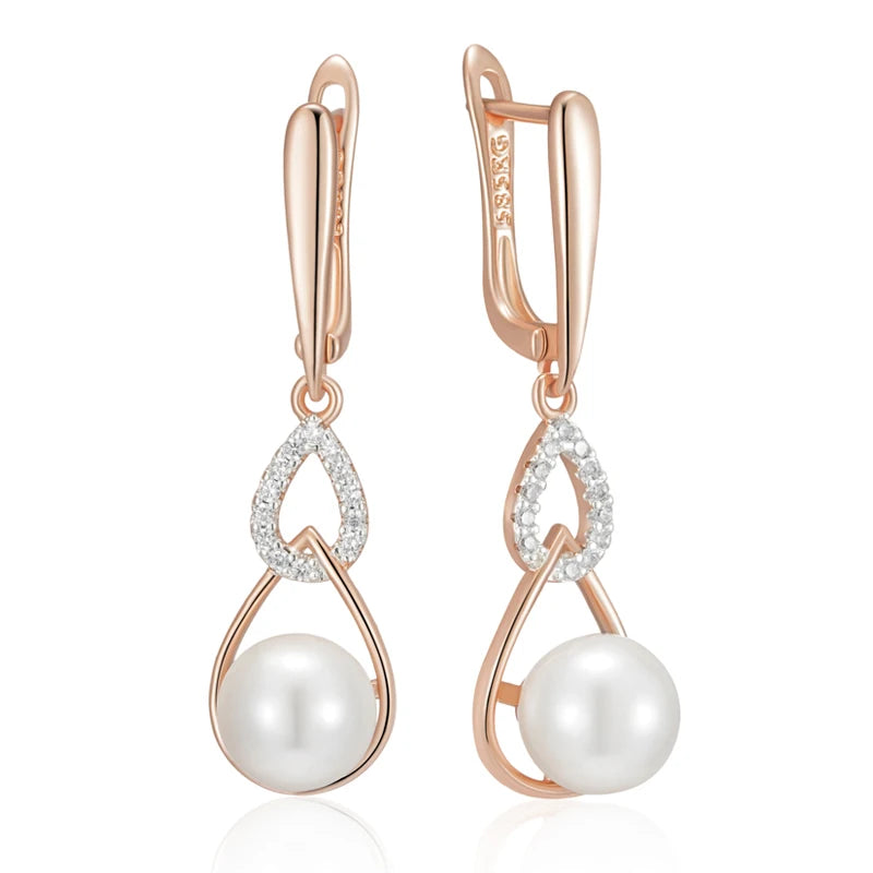 Simple 585 Rose Gold Color Drop English Earrings for Women Unique Geometric Pearl Earrings Bridal Wedding Jewelry 