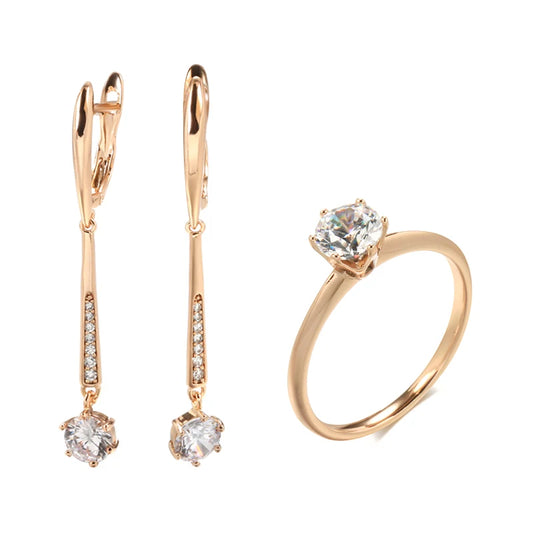 Diamond Shape 585 Rose Gold Women Long Earrings Ring Sets round White Natural Zircon Luxury Fine Gift Casual Fashion Jewelry Sets