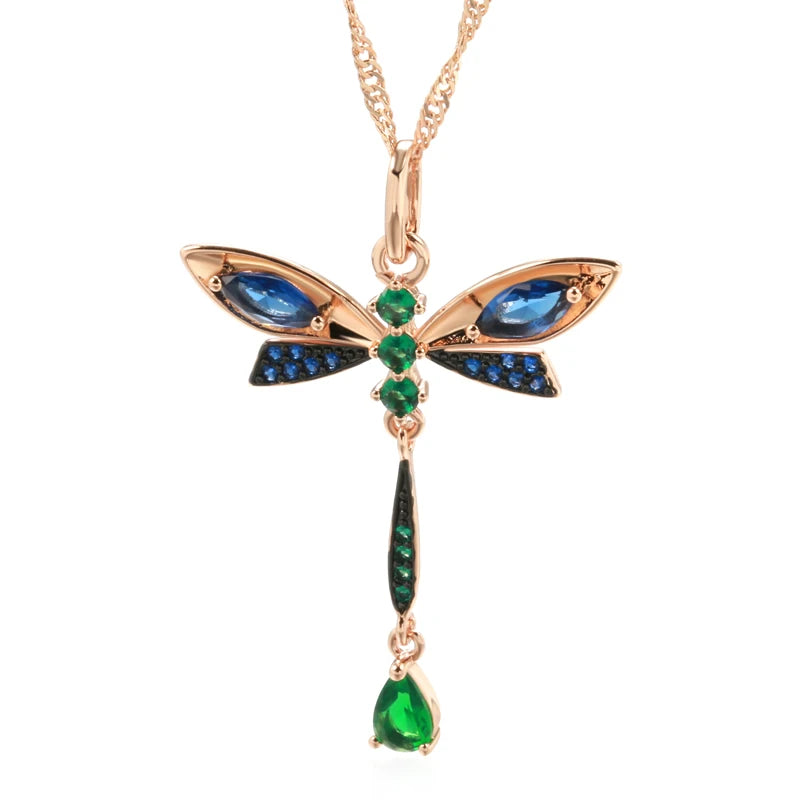 Dragonfly Pendant Necklace for Women 585 Rose Gold and Black Plating Vintage Daily Fine Jewelry