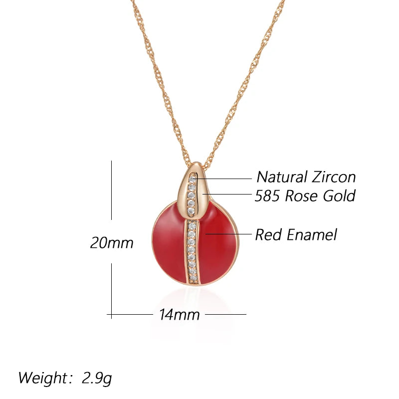 Hot Red Enamel Natural Zircon Pendant Necklace for Women Girl Simple 585 Rose Gold Color Party Daily Jewelry