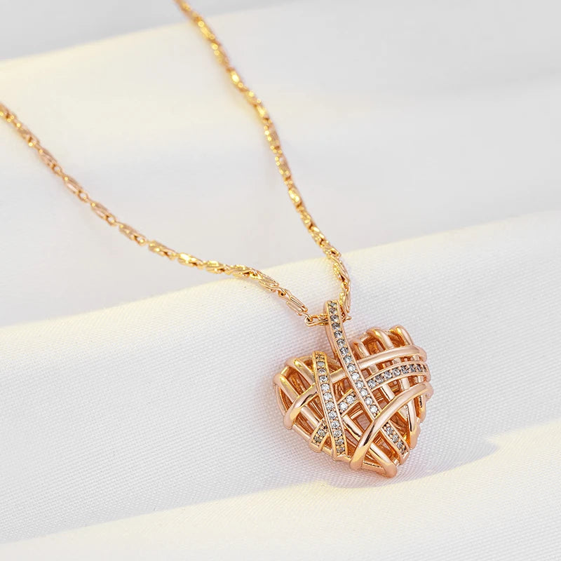 Unique Hollow Heart Pendant Necklace for Women Natural Zircon with 585 Rose Gold Color Modern Party Wedding Daily Jewelry