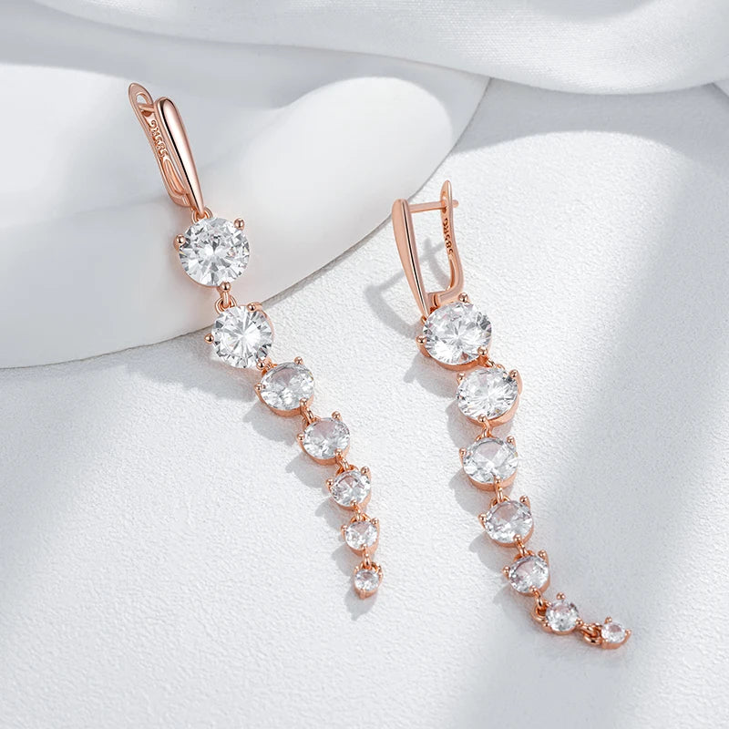 Diamond Drop White Natural Zircon Long Dangle Earrings for Women Fashion 585 Rose Gold Color Party Accessories Daily Jewelry