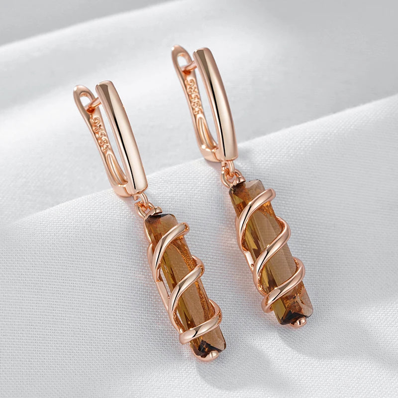 Spiral Potion Light Brown Natural Zircon Drop Earrings for Women 585 Rose Gold Color High Quality Daily Jewelry