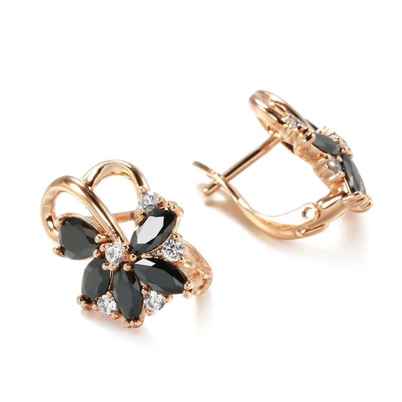 Black New 585 Rose Gold Earrings Ring Sets for Women Fashion with Natural Zircon Drop Earrings Ring Jewelry Set