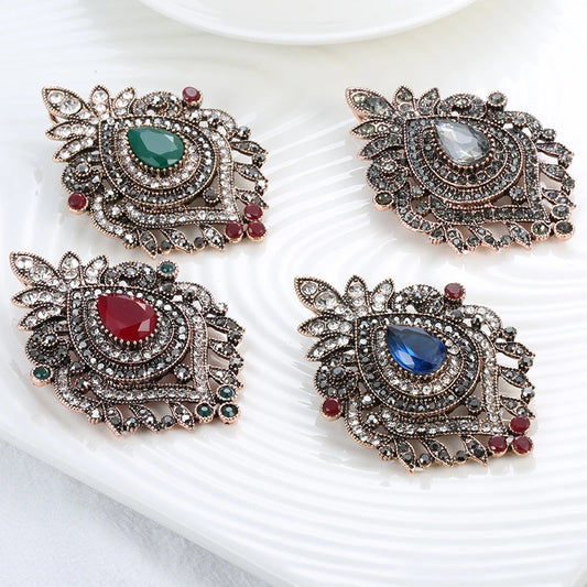 Vintage Gray Crystal Flower Brooch Ethnic Wedding Jewelry Antique Gold Color Hijab Caftan Pins Bohemia Bridal Brooch Gift