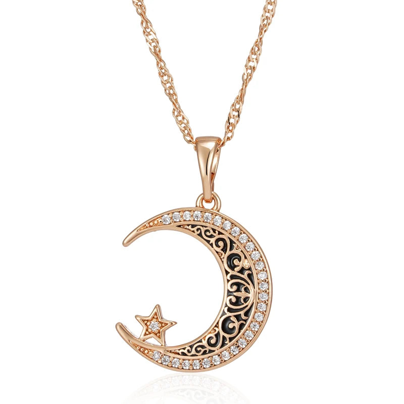 Moon lighting  Black Enamel  Pendant Necklace for Women 585 Rose Gold Color with Natural Zircon Fine Daily Ethnic Jewelry