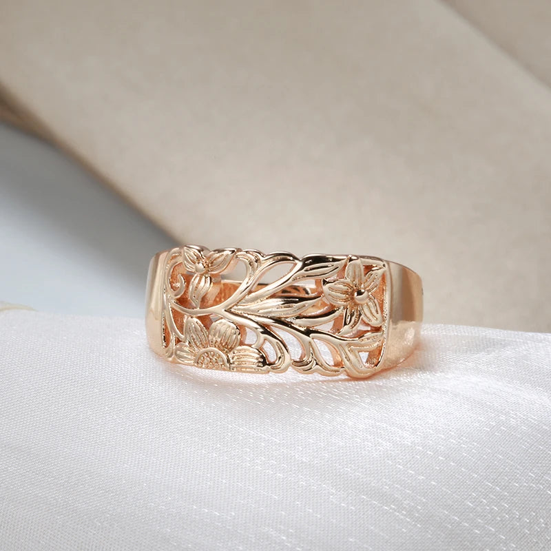 Vintage 585 Rose Gold Women Earrings Ring Sets Boho Hollow Flower Cilp Earrings Ring Elegant Ethnic Wedding Jewelry Sets