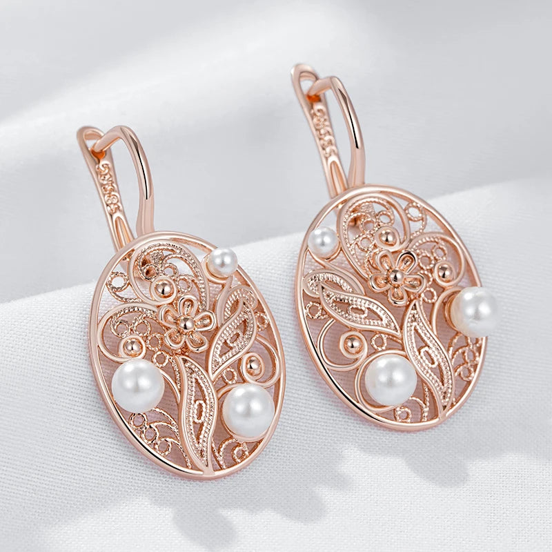 Pearl Dangle Earrings for Women Trend Glossy Metal Flower Accessories Vintage Daily Fine Jewelry