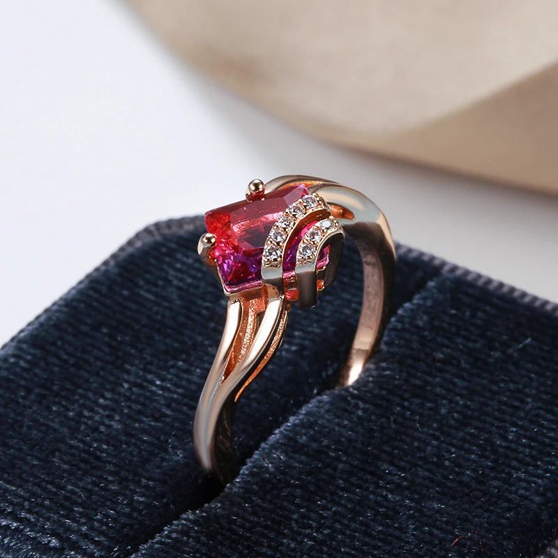 Square Red Natural Zircon Ring Earrings Sets 585 Rose Gold Dangle Earrings for Women Fashion Wedding Jewelry Sets