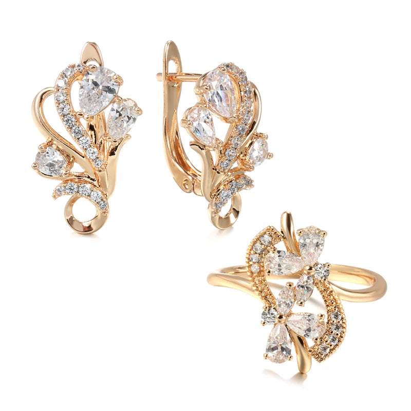 Luxury 585 Rose Gold Crystal Flower Earrings Ring Sets for Women Natural Zircon Bridal Wedding Vintage Jewelry Sets
