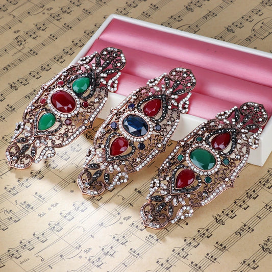 Big Size Women Brooch Ellipse Hollow Flower Cap Badge Hairpin Belt Pin Antique Gold Color Rhinestone Turkish Resin Jewelry