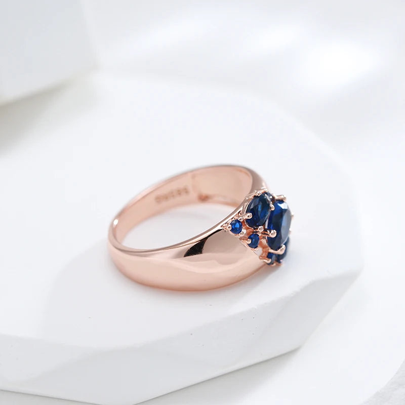 New Blue Natural Zircon Ring for Women 585 Rose Gold Wide Rings Vintage Ethnic Bride Wedding Jewelry Party Accessories