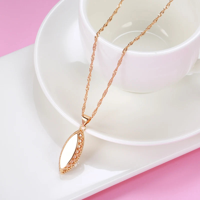 Classy Sets of Weaving Rhombus Necklace Earrings Ring for Women 585 Rose Gold Jewelry