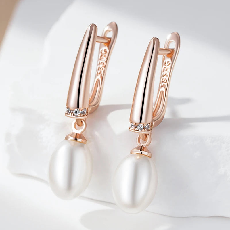 Unique Geometric Pearl Drop Earrings for Women Luxury 585 Rose Gold Silver Color Mix Boho Ethnic Wedding Jewelry