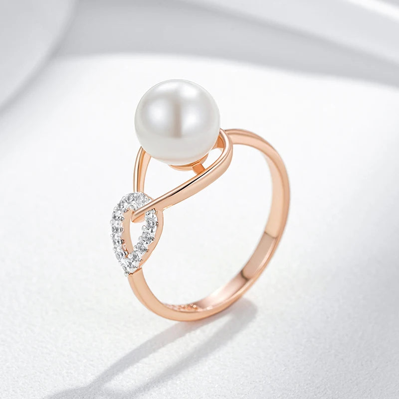 Luxury 585 Rose Gold Silver Color Mix Ring for Women Unique Geometric Pearl Natural Zircon Bridal Wedding Jewelry 2024 New
