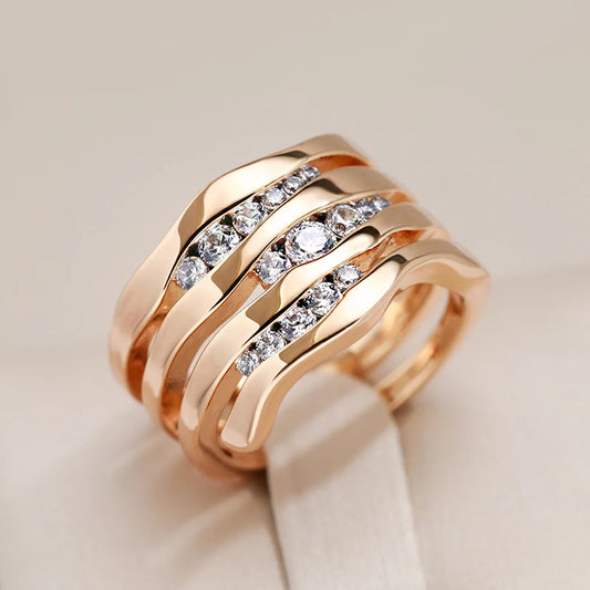 New Unique Creative 585 Rose Gold Women Rings Micro-Wax Inlay Natural Zircon Rings Geometry Modern Party Fashion Jewelry