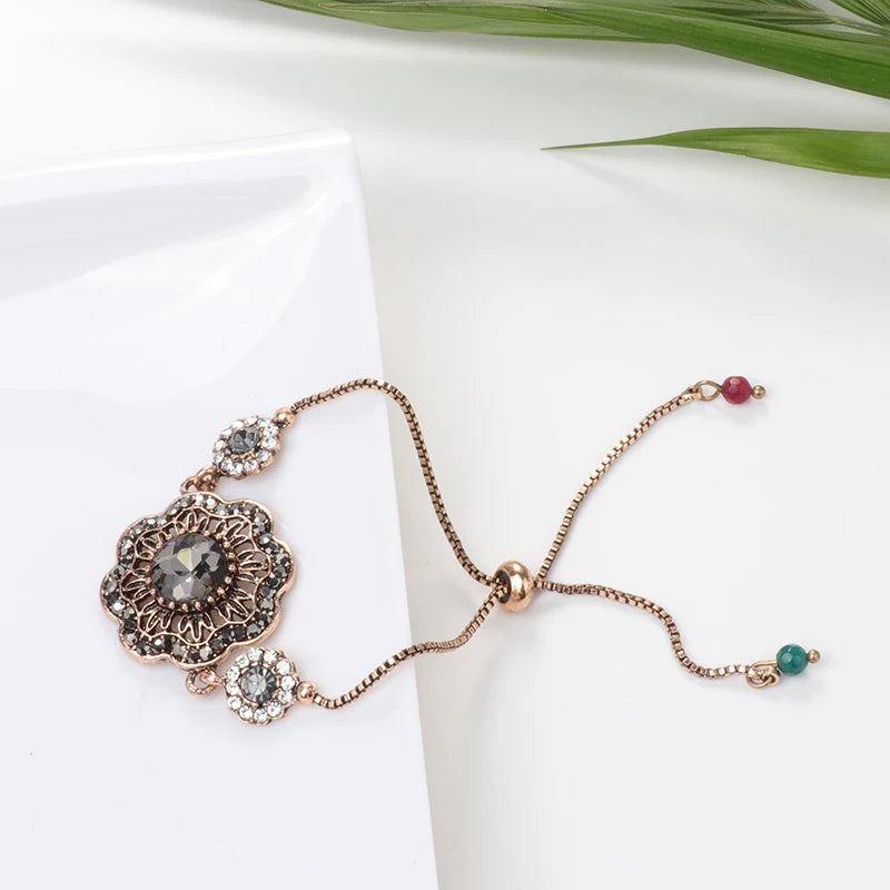 Luxury Gray Crystal Flower Bracelet for Women Antique Gold India Bracelets Adjustable Length Vintage Wedding Jewelry