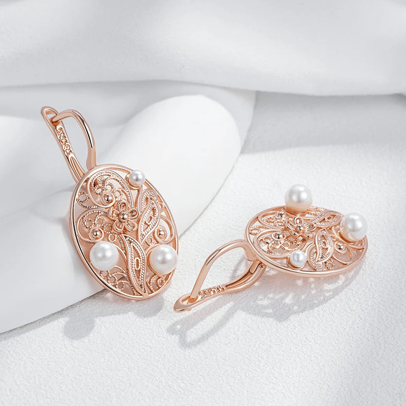 Pearl Dangle Earrings for Women Trend Glossy Metal Flower Accessories Vintage Daily Fine Jewelry