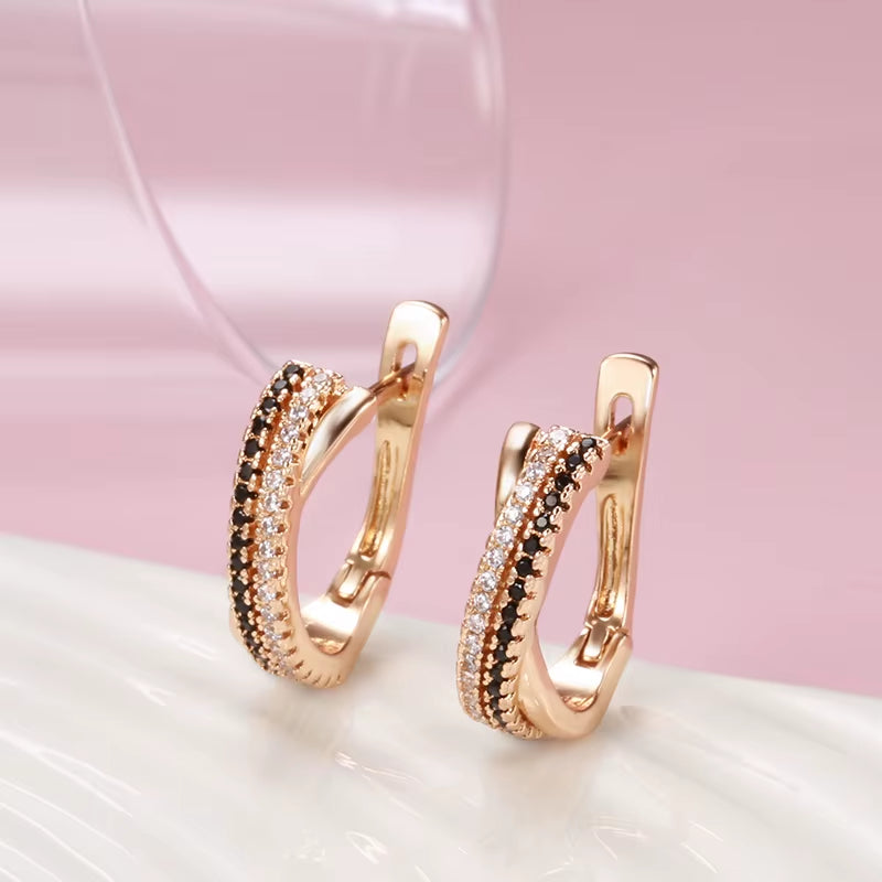 Elegant Black & White Sets 585 Rose Gold Ring Earrings Natural Zircon Cross Geometry Rings for Women Vintage Jewelry Sets