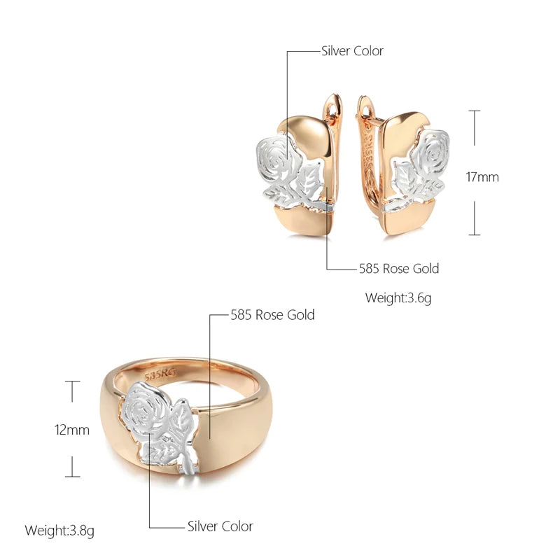 Silver Rose Flower Earrings Ring Sets for Women 585 Gold Jewelry Sets