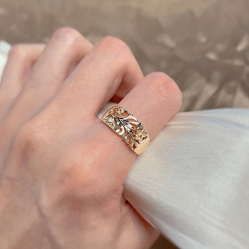 Vintage 585 Rose Gold Women Earrings Ring Sets Boho Hollow Flower Cilp Earrings Ring Elegant Ethnic Wedding Jewelry Sets