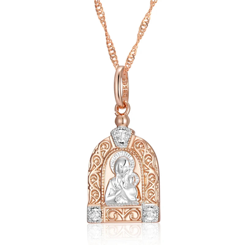 Luxury Virgin Mary Rose Gold Silver Color Pendant Necklace for Women Men 585 Rose Gold Color Natural Zircon Jesus Charm Daily Fine Jewelry Gifts