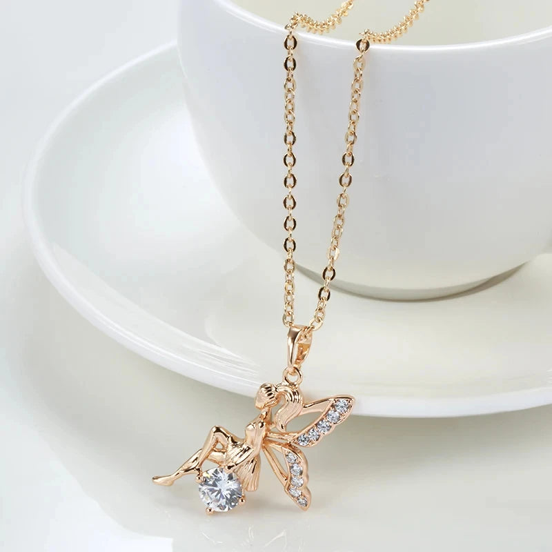 Angel Pendant Necklaces for Women 585 Rose Gold Color with Shiny Natural Zircon Pendant Daily Fine Jewelry