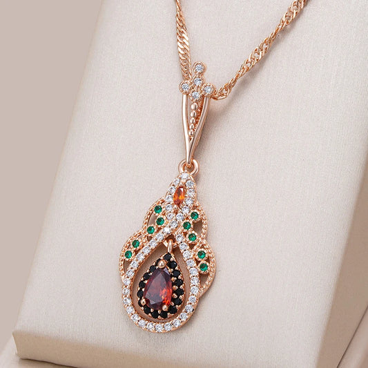 NEW Green Black Red Combination  585 Rose Gold Color Crystal Flower Pendant Necklace for Women Red Natural Zircon Accessories Vintage Jewelry