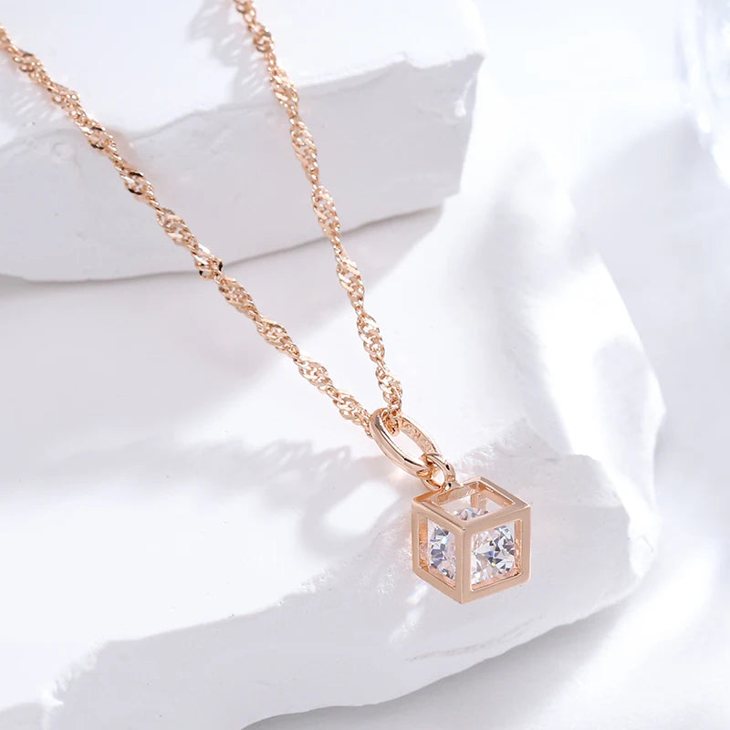 Rubix Square Pendant Necklace for Women 585 Rose Gold Color Natural Zircon Accessories Daily Fine Jewelry
