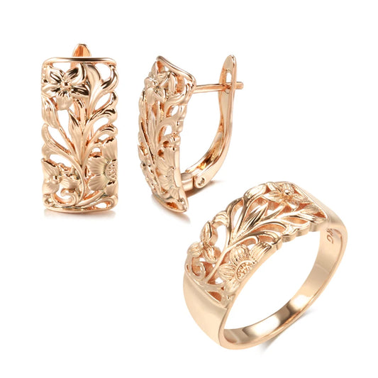 Vintage 585 Rose Gold Women Earrings Ring Sets Boho Hollow Flower Cilp Earrings Ring Elegant Ethnic Wedding Jewelry Sets