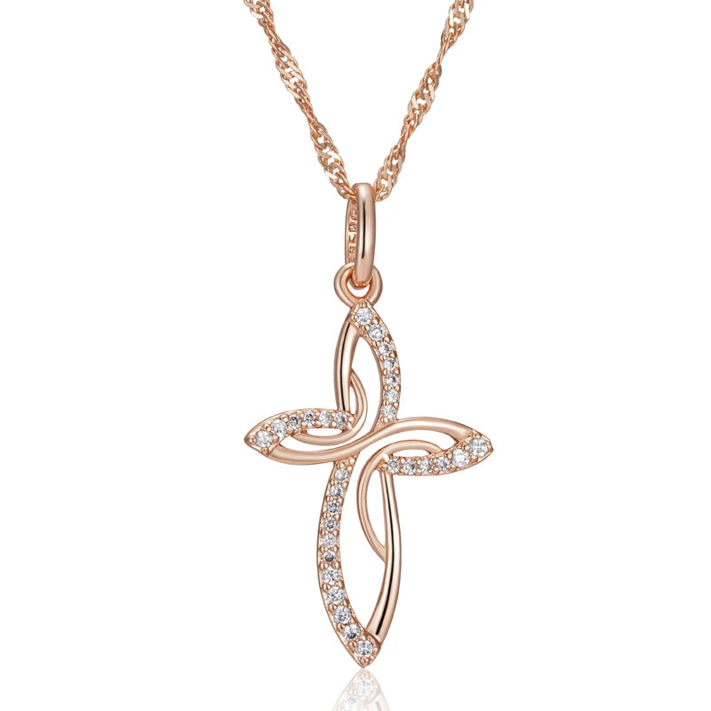 Luxury 585 Rose Gold Color Cross Pendant Necklace for Women Men Orthodox Charm Daily Fine Jewelry