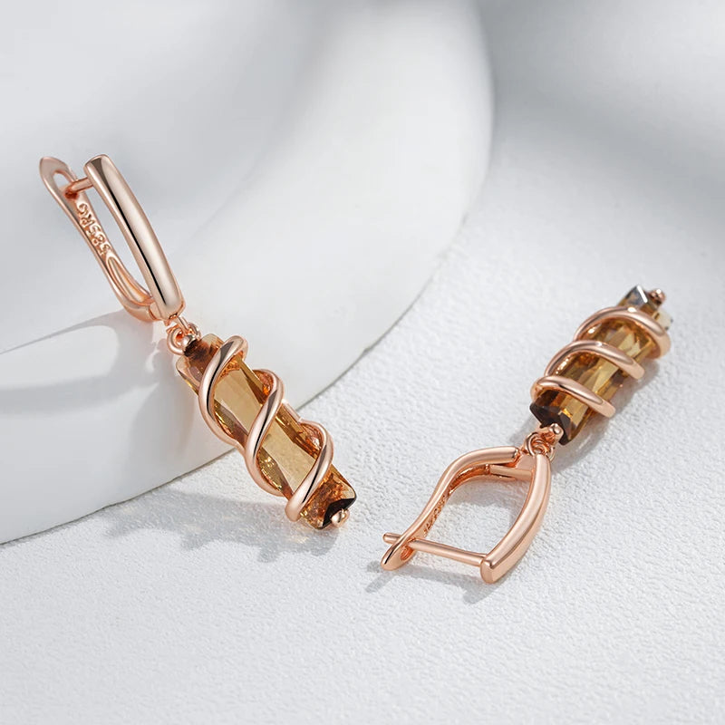 Spiral Potion Light Brown Natural Zircon Drop Earrings for Women 585 Rose Gold Color High Quality Daily Jewelry