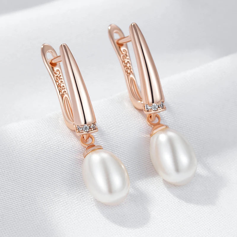 Unique Geometric Pearl Drop Earrings for Women Luxury 585 Rose Gold Silver Color Mix Boho Ethnic Wedding Jewelry