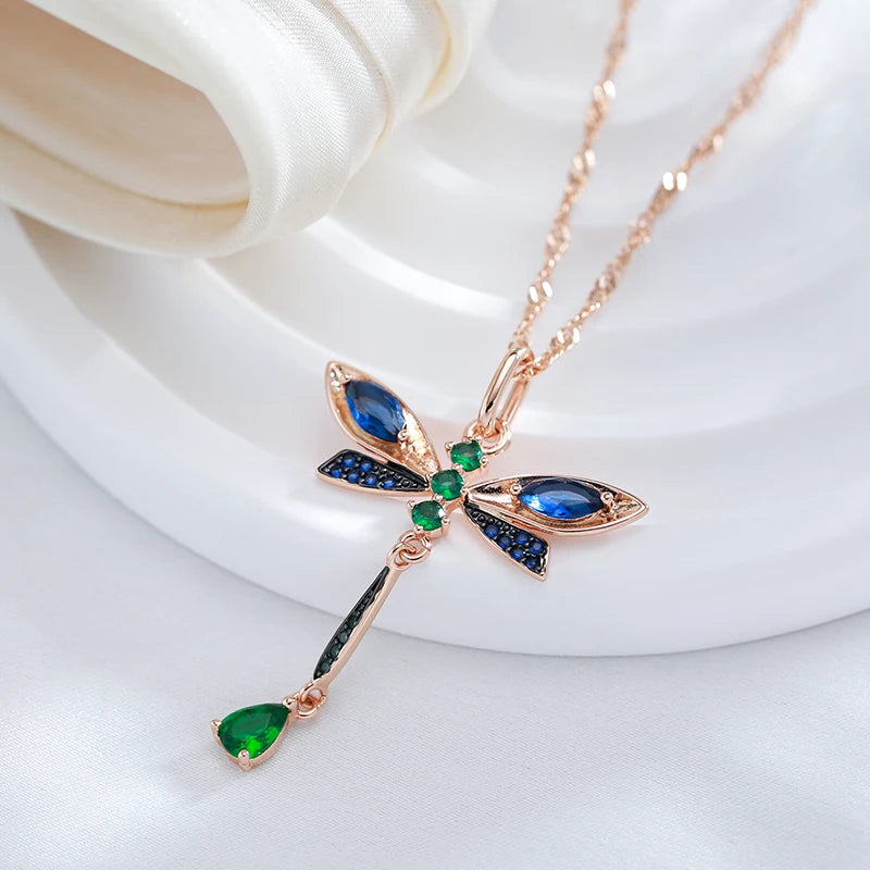 Dragonfly Pendant Necklace for Women 585 Rose Gold and Black Plating Vintage Daily Fine Jewelry