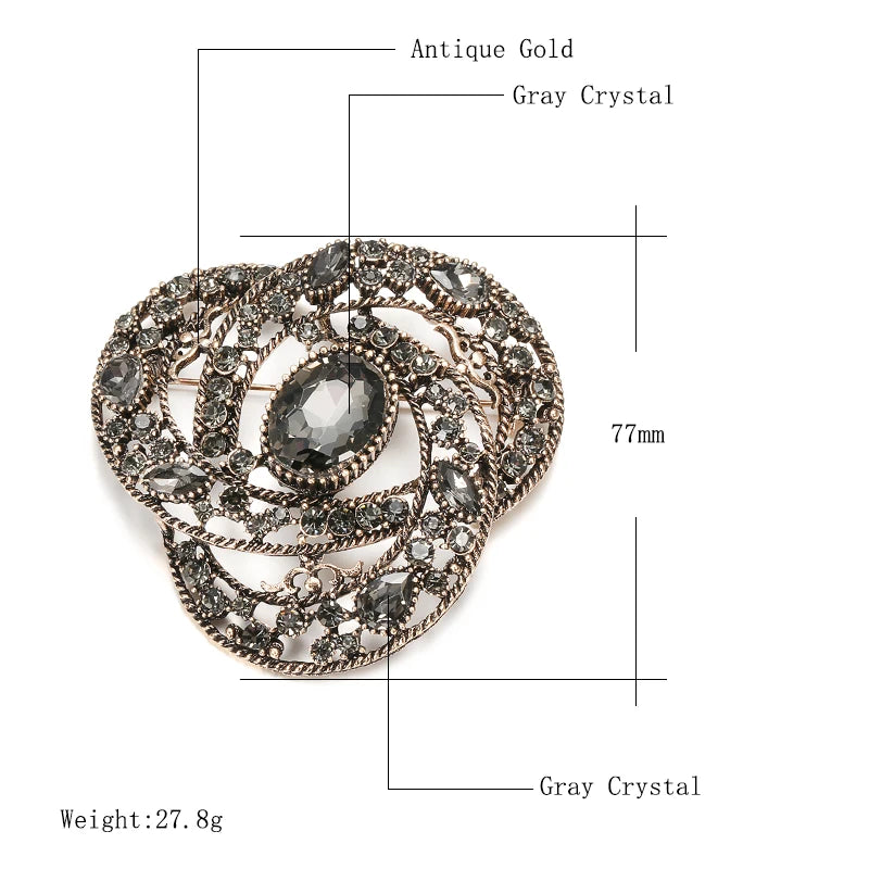 Fashion Gray Crystal Flower Women Big Brooch Drop Zircon Ethnic Banquet Vintage Jewelry Hijab Caftan Accessories