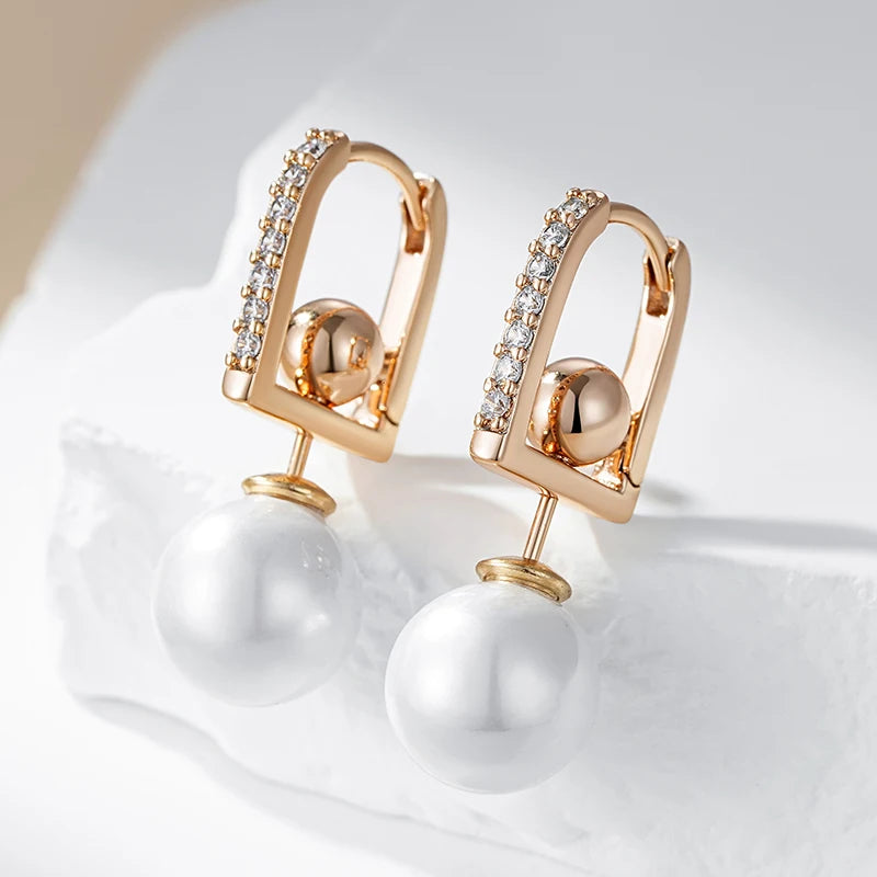 Hot 585 Rose Gold Color Pearl Drop Earrings for Women Unique Geometric Natural Zircon Accessories Daily Jewelry Gift
