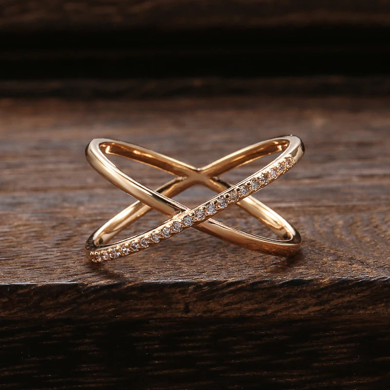 X design Natural Zircon Rings for Women Fashion 585 Rose Gold Geometry Cross Ring Vintage Wedding Jewelry Crystal Gift