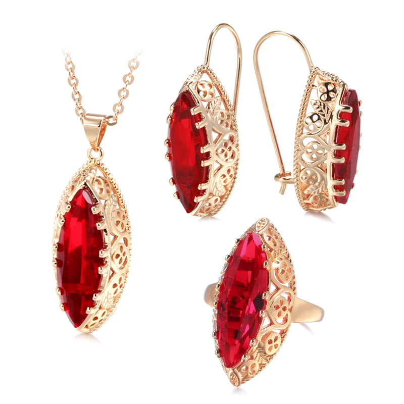 New Sets 585 Rose Gold Ethnic Bride Necklace Earrings Ring Set Green Rhombus Natural Zircon Hollow Flower Vintage Jewelry