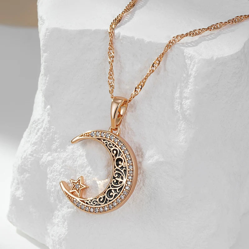 Moon lighting  Black Enamel  Pendant Necklace for Women 585 Rose Gold Color with Natural Zircon Fine Daily Ethnic Jewelry