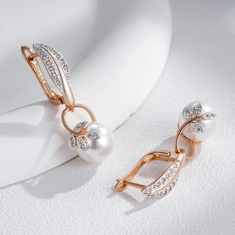 Fashion Crystal Flower Pearl Drop Earrings for Women 585 Rose Gold Silver Color Mix Boho Ethnic Wedding Jewelry Gift