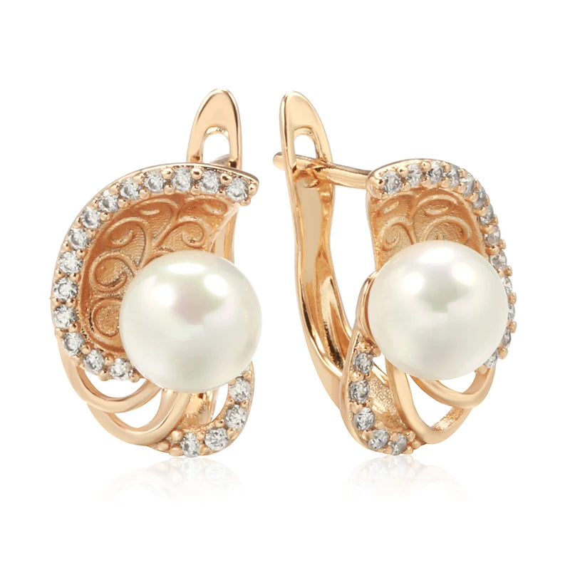 New round Pearl Dangle Earrings for Women 585 Rose Gold Color Flower Ethnic Bride Earrings Lovely Fashion Daily Jewelry