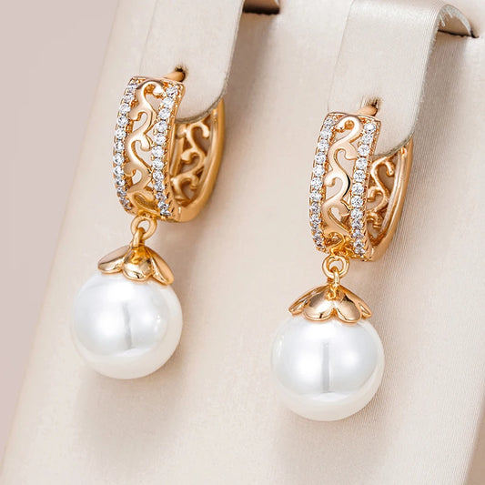 Luxury 585 Rose Gold Color Pearl Drop Earrings for Women Unique Hollow Pattern Natural Zircon Bridal Wedding Fine Jewelry