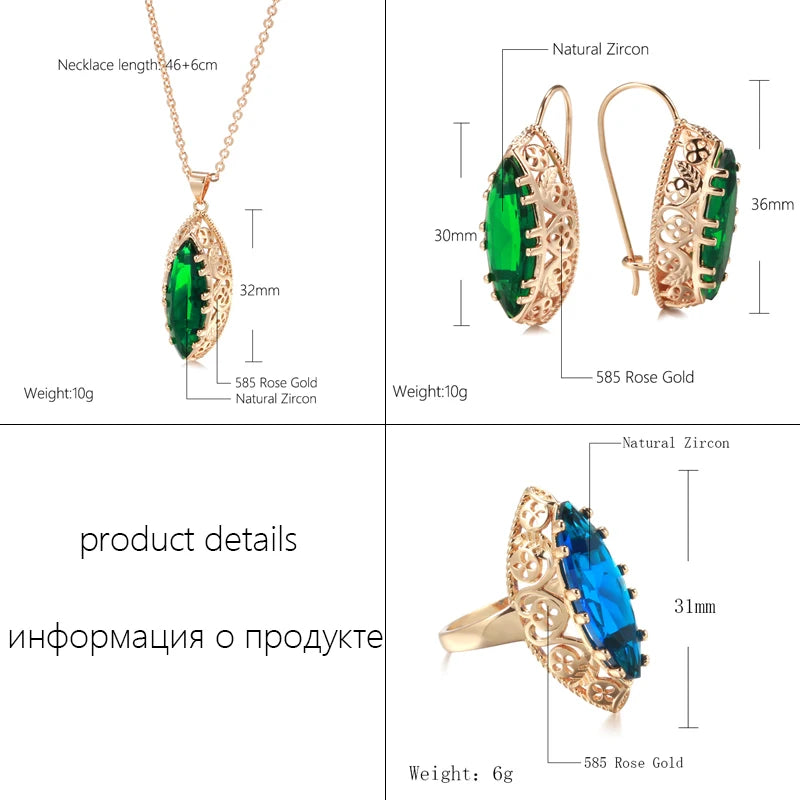 New Sets 585 Rose Gold Ethnic Bride Necklace Earrings Ring Set Green Rhombus Natural Zircon Hollow Flower Vintage Jewelry