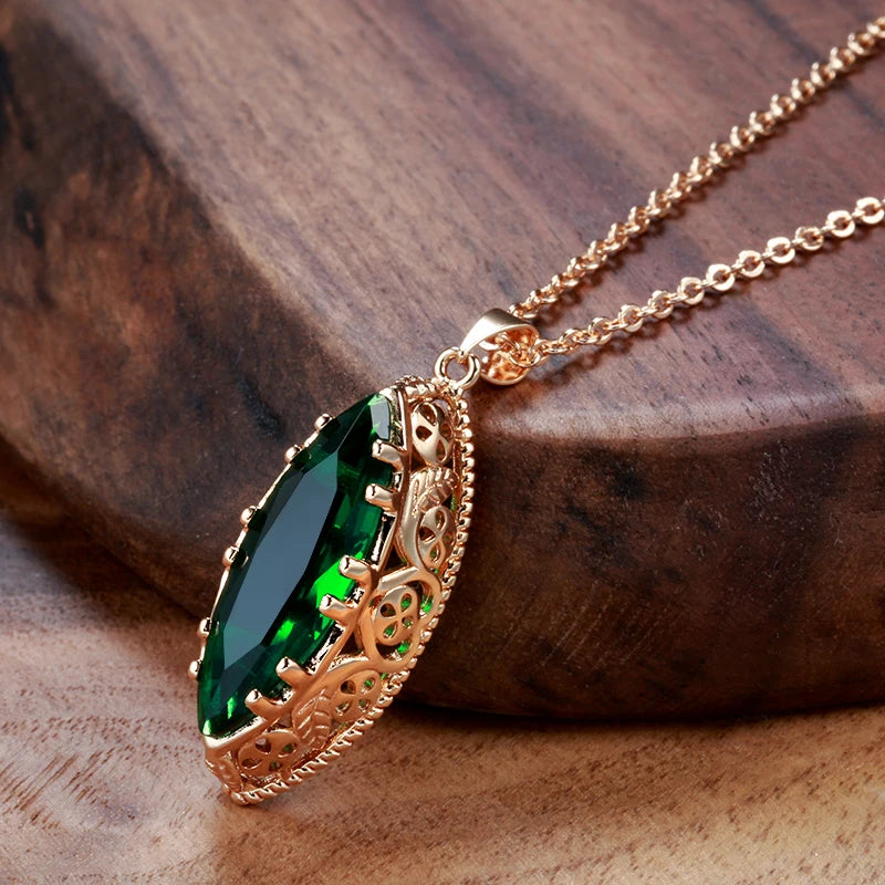 New Sets 585 Rose Gold Ethnic Bride Necklace Earrings Ring Set Green Rhombus Natural Zircon Hollow Flower Vintage Jewelry