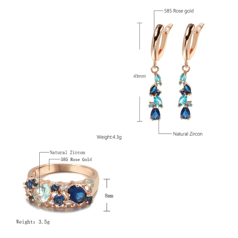 Romantic Vintage New Blue Natural Zircon Long Earrings Ring Sets for Women Trendy 585 Rose Gold Ring  Jewelry Sets