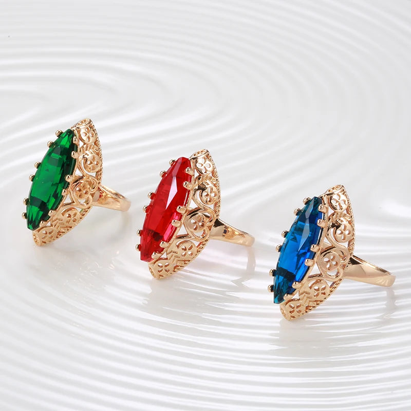 New Sets 585 Rose Gold Ethnic Bride Necklace Earrings Ring Set Green Rhombus Natural Zircon Hollow Flower Vintage Jewelry
